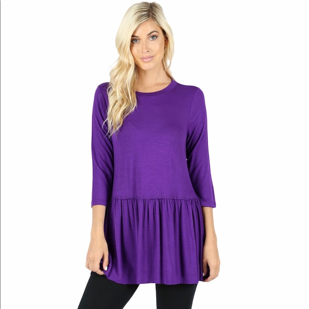 Purple 3/4 Sleeve Ruffle Bottom Top